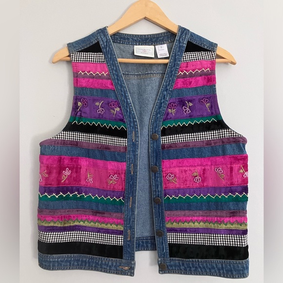 Susan Bristol denim patchwork vest button front embroidery beading boho S - Picture 1 of 5